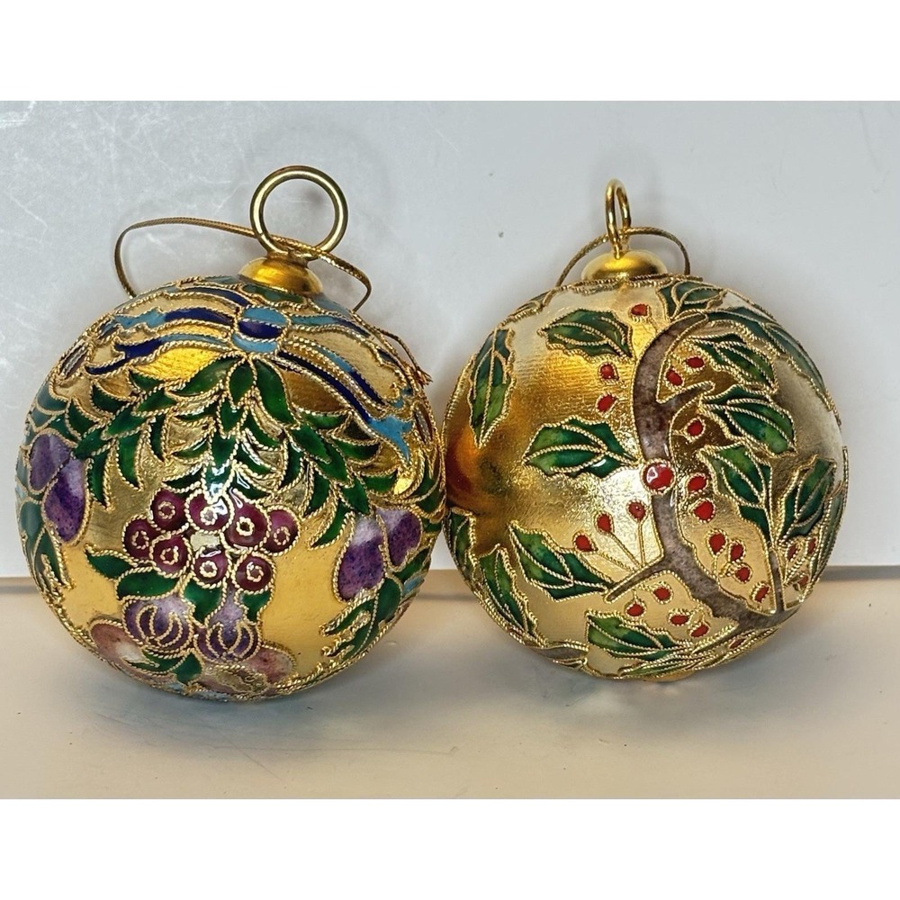 Vintage Cloisonne Christmas Ball Ornaments 3" Floral Gold Tone Lot of 2
